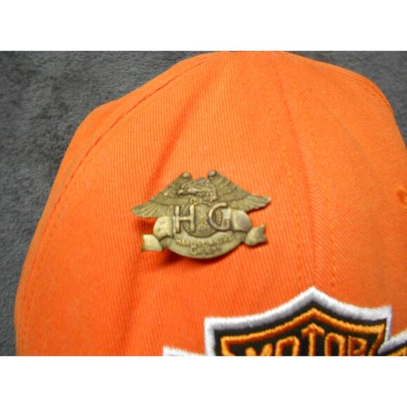HARLEY DAVIDSON Hat Cap Mens Womens Biker Medium Orange Used Stains WITH PIN - Picture 5 of 9